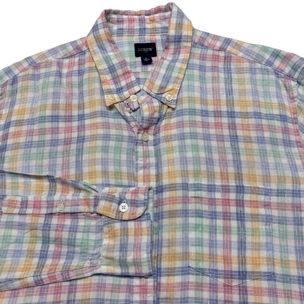 J Crew Shirt Mens Large Multicolor Linen Cotton Plaid Long Sleeve Casual Summer